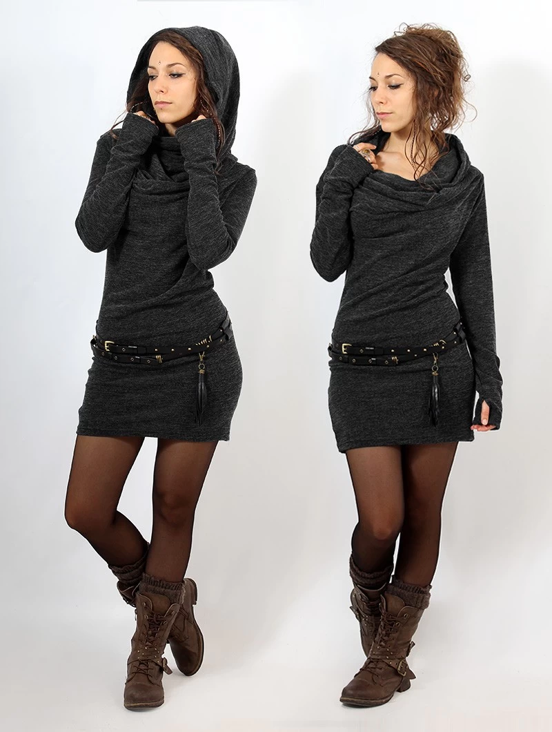 Robe Pull Col Bénitier "Kali", Gris Charbon 1 Robe Pull Col Bénitier "Kali", Gris Charbon