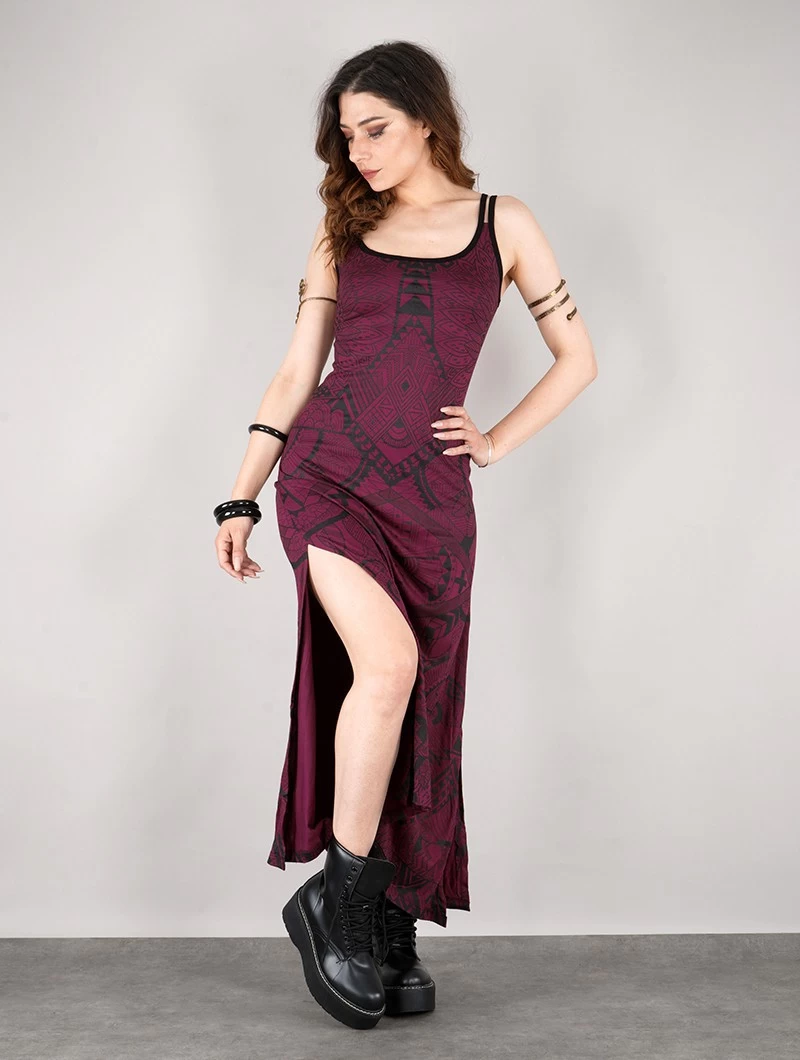 Robe Longue Fendue Imprimée à Bretelles "Electra Africa", Bordeaux 1 Robe Longue Fendue Imprimée à Bretelles "Electra Africa", Bordeaux