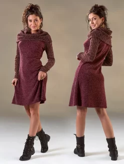 Robe Pull Patineuse à Gros Col Et Manches En Crochet "Nouchka", Bordeaux