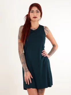 Robe Courte Sans Manches Imprimée "Lotus Vairë", Bleu Pétrole Foncé