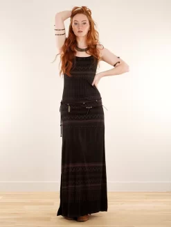 Robe Longue Fendue Imprimée à Bretelles "Electra Aztec", Noir