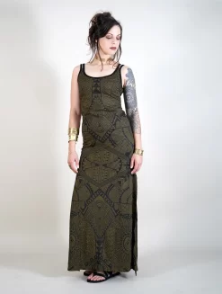 Robe Longue Fendue Imprimée à Bretelles "Electra Africa", Vert Kaki -Boutique De Jupes p image 340570 grande