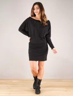 Robe Courte à Manches Chauve Souris "Aliyan Zohraa", Noir
