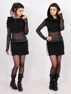 Robe Courte Manches Longues Avec Empiècements Transparents "Azmiyäa", Noir Bi-matière