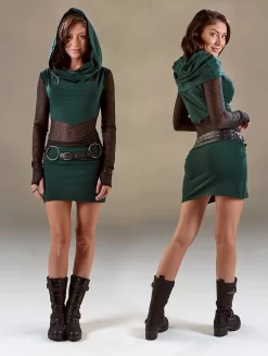 Robe Courte Manches Longues Avec Empiècements Transparents "Azmiyäa", Vert Canard