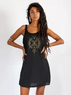 Robe Courte Sans Manches Imprimée "Ilanga", Noir Avec Imprimé Doré
