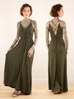 Robe Longue à Bretelles Ample Et Réversible "Lazüli", Vert Kaki -Boutique De Jupes robe longue a bretelles ample et reversible lazuli vert kaki p image 348539 grande