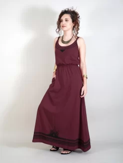 Robe Longue à Bretelles Imprimée "Lotus Oromë", Rouge Foncé