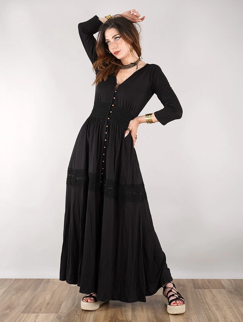 Robe Longue Boutonnée "Heldaria", Noir Avec Crochet Noir 1 Robe Longue Boutonnée "Heldaria", Noir Avec Crochet Noir