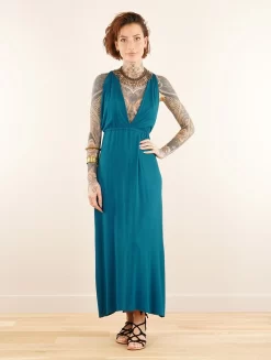 Robe Longue Fendue à Col V "Darayava", Bleu Pétrole 6 Robe Longue Fendue à Col V "Darayava", Bleu Pétrole -Boutique De Jupes robe longue fendue a col licou darayava bleu petrole p image 347823 grande