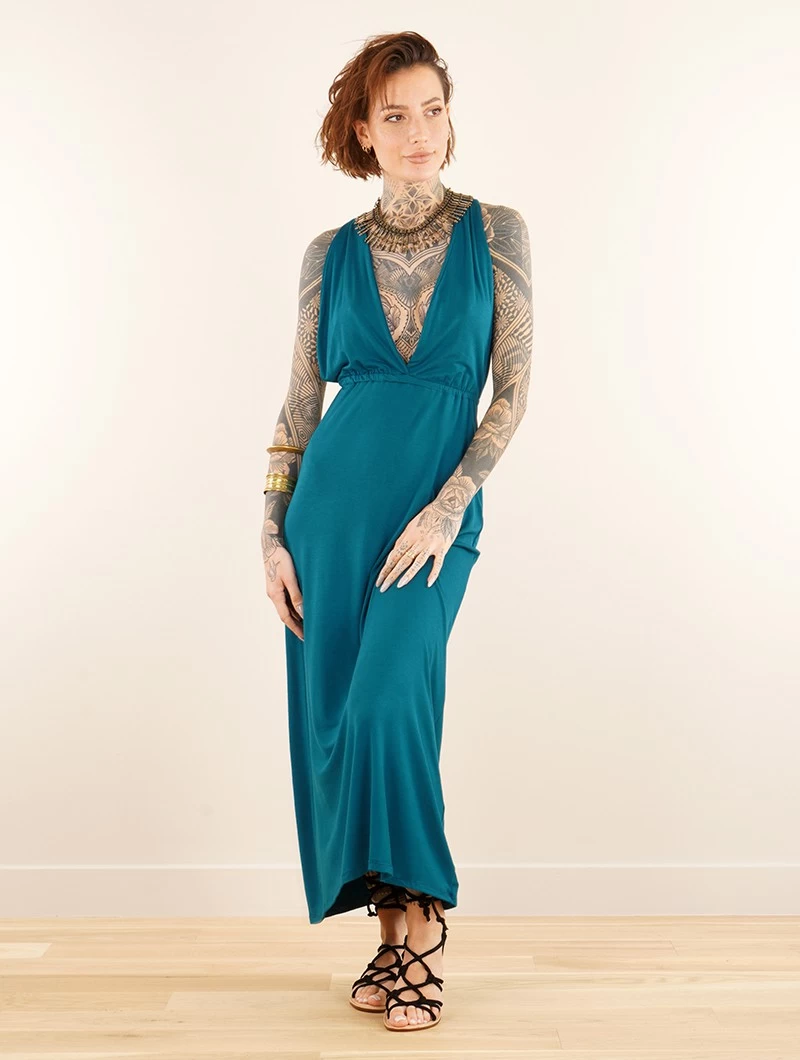 Robe Longue Fendue à Col V "Darayava", Bleu Pétrole 2 Robe Longue Fendue à Col V "Darayava", Bleu Pétrole – Image 2