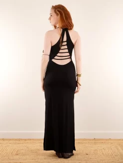 Robe Longue Fendue à Dos Nu Avec Lanières "Oïshi", Noir