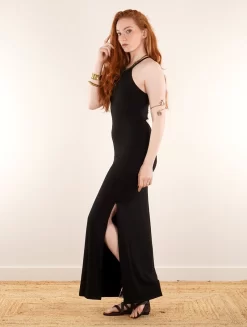 Robe Longue Fendue à Dos Nu Avec Lanières "Oïshi", Noir -Boutique De Jupes robe longue fendue a dos nu avec lanieres oshi noir p image 340057 grande