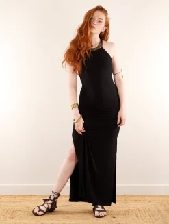 Robe Longue Fendue à Dos Nu Avec Lanières "Oïshi", Noir -Boutique De Jupes robe longue fendue a dos nu avec lanieres oshi noir p image 340058 grande