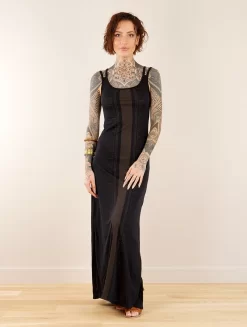 Robe Longue Fendue Imprimée à Bretelles "Electra Umbas", Noir