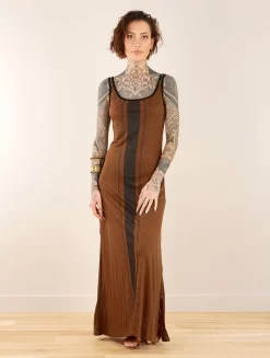 Robe Longue Fendue Imprimée à Bretelles "Electra Umbas", Terre De Sienne