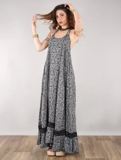Robe Longue "Gaia", Noir Motifs Floraux