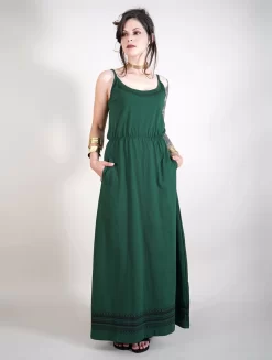 Robe Longue à Bretelles Imprimée "Indie Oromë", Vert Forêt
