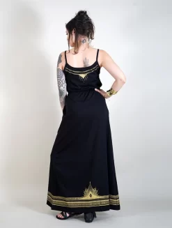 Robe Longue à Bretelles Imprimée "Lotus Oromë", Noir -Boutique De Jupes robe longue lotus orome noir p image 320786 grande