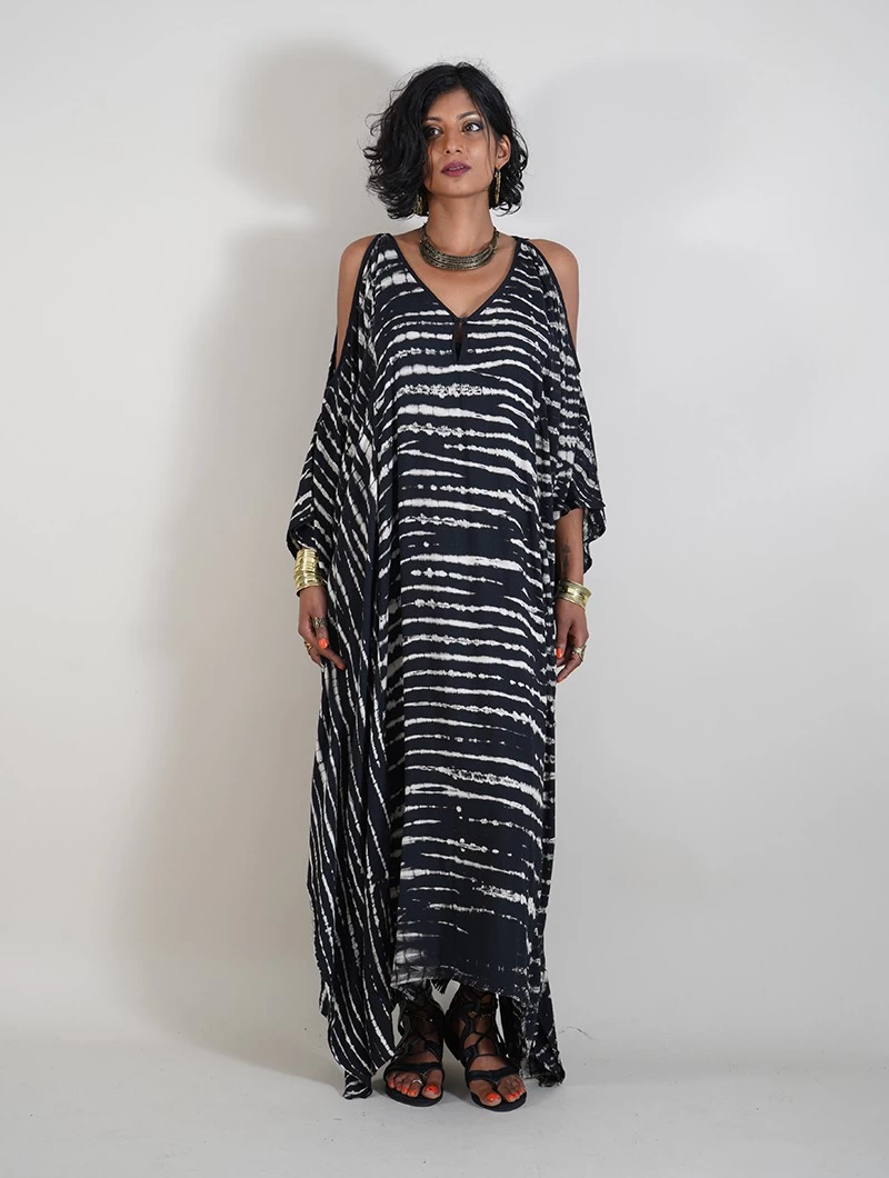 Robe Longue "Shoulder Zebra", Noir Et Beige 3 Robe Longue "Shoulder Zebra", Noir Et Beige – Image 3