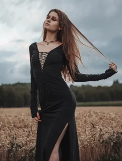 Robe Longue Fendue à Laçage "Valkyrie", Noir -Boutique De Jupes robe longue valkyrie noir p image 327106 grande