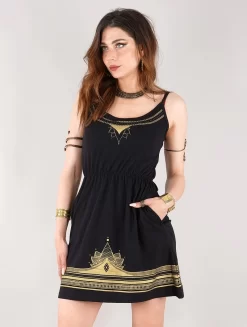 Robe Courte à Bretelles Imprimée "Lotus Oromë", Noir