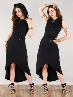 Robe Mi Longue Asymétrique à Capuche "Onyxx", Noir