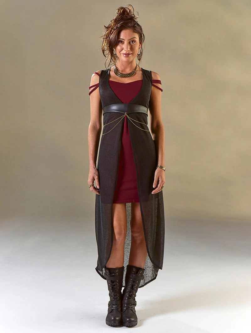 Robe Sans Manches Courte Devant Et Longue Derrière "Marrakech", Bordeaux Et Noir 1 Robe Sans Manches Courte Devant Et Longue Derrière "Marrakech", Bordeaux Et Noir