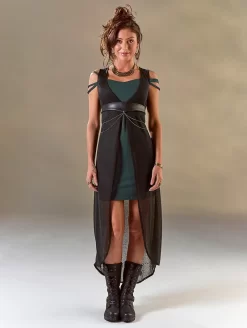 Robe Sans Manches Courte Devant Et Longue Derrière "Marrakech", Vert Canard Et Noir