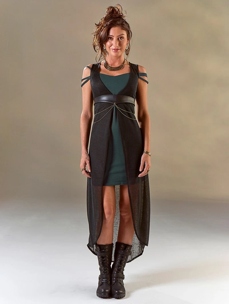 Robe Sans Manches Courte Devant Et Longue Derrière "Marrakech", Vert Canard Et Noir 1 Robe Sans Manches Courte Devant Et Longue Derrière "Marrakech", Vert Canard Et Noir