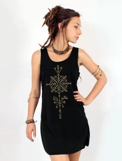 Robe Courte Sans Manches Imprimée "Freyja", Noir Et Or