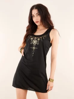 Robe Courte Sans Manches Imprimée "Kyaani", Noir Et Or